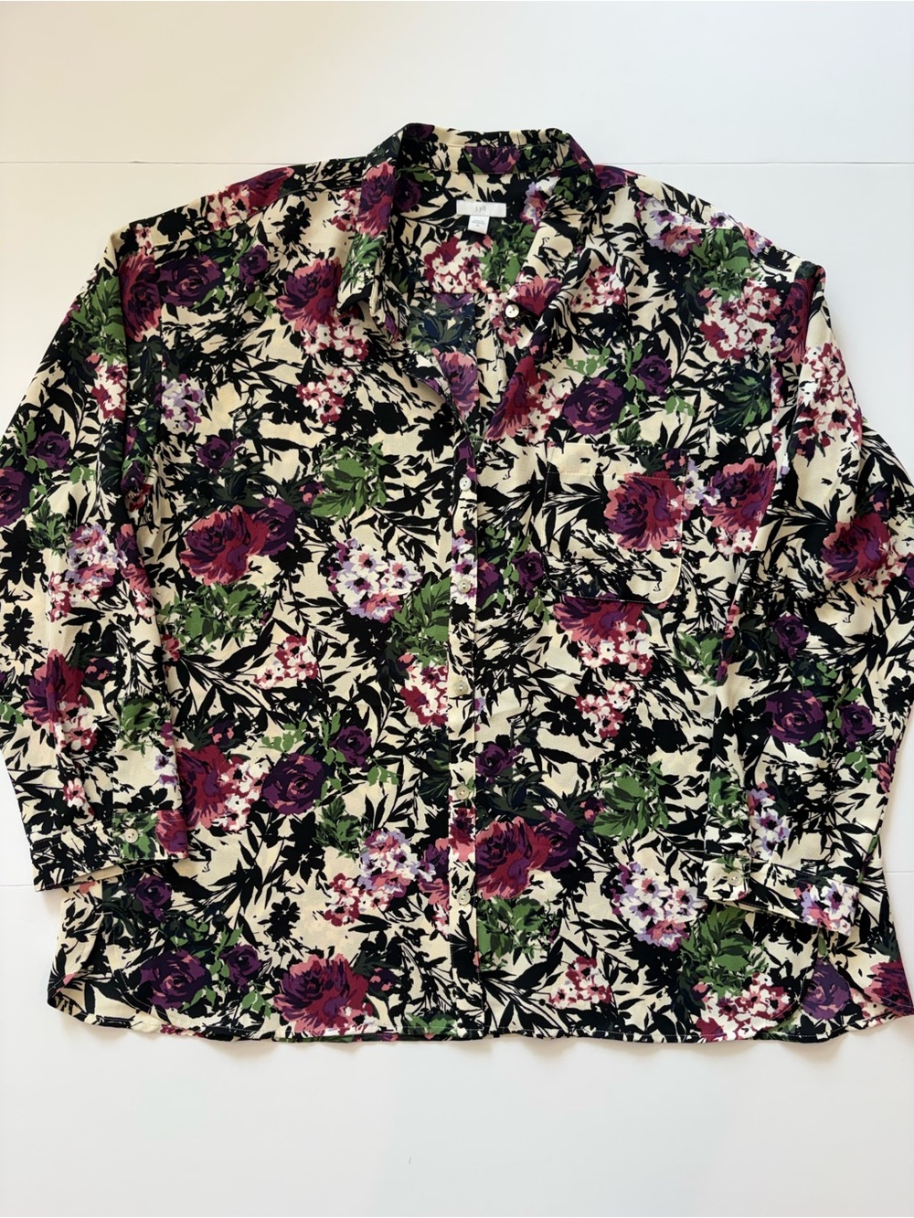 J. Jill Floral Button-Up Blouse in Cream, Black, Purple, Pink, Green XL